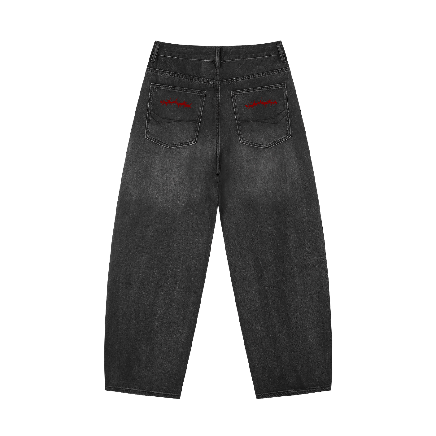 Black barrel jeans with red stitched pocket detailing and five-pocket design