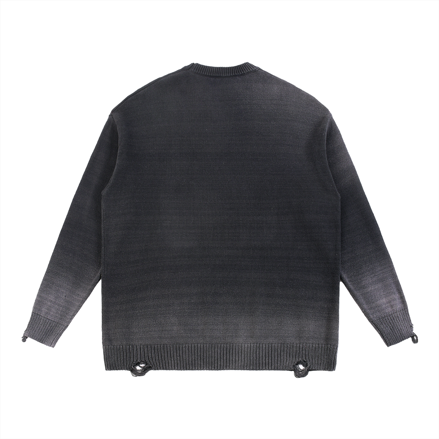 Back of ripped knit sweater in dark charcoal, ribbed hem with distressed tie details