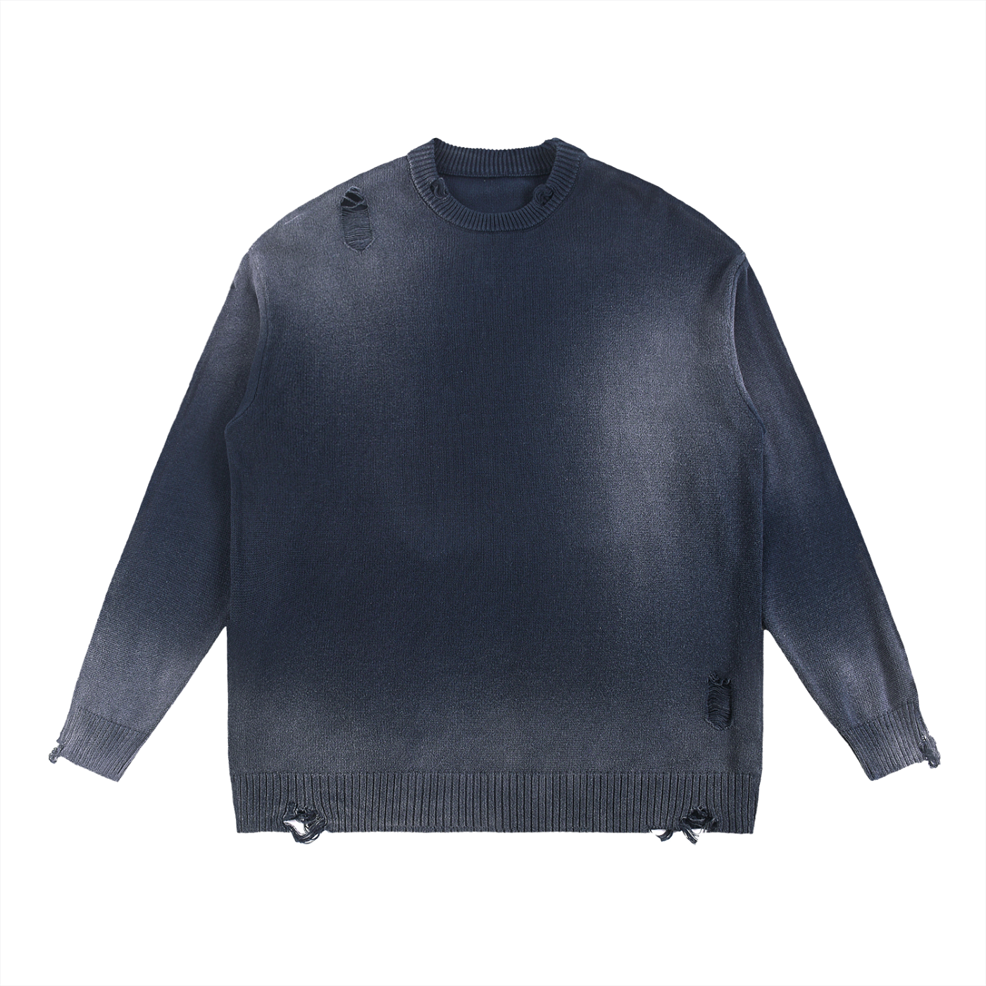 Front of ripped knit sweater in navy blue, ribbed collar and distressed tie hem