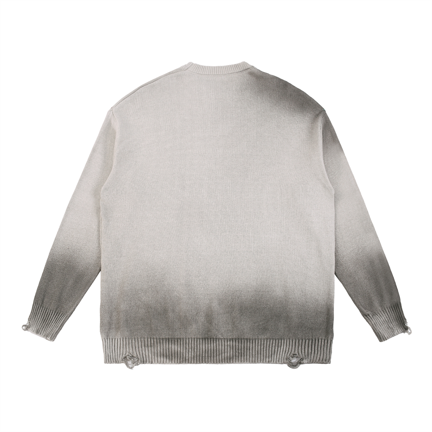 Back of ripped knit sweater in light gray, ribbed cuffs and distressed hem ties