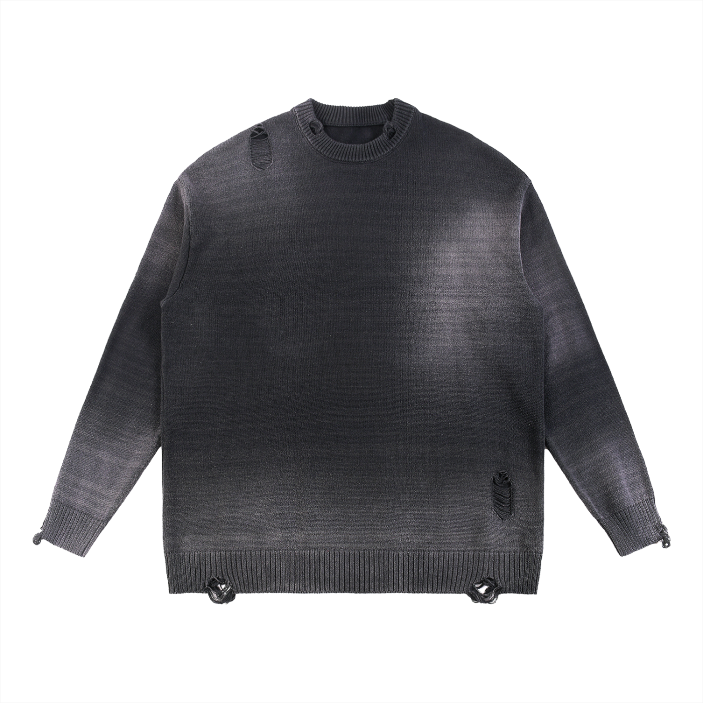 Dark gray ripped knit sweater with crewneck, long sleeves, ribbed cuffs and hem