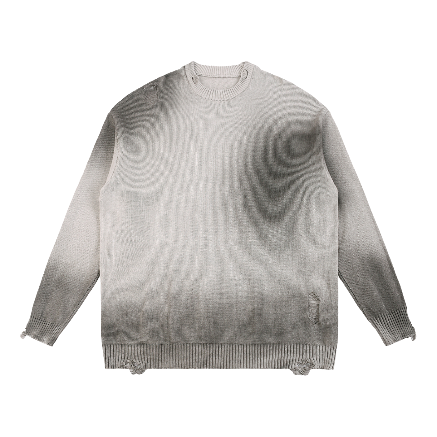 Front of ripped knit sweater in light gray, ribbed cuffs and distressed tie hem
