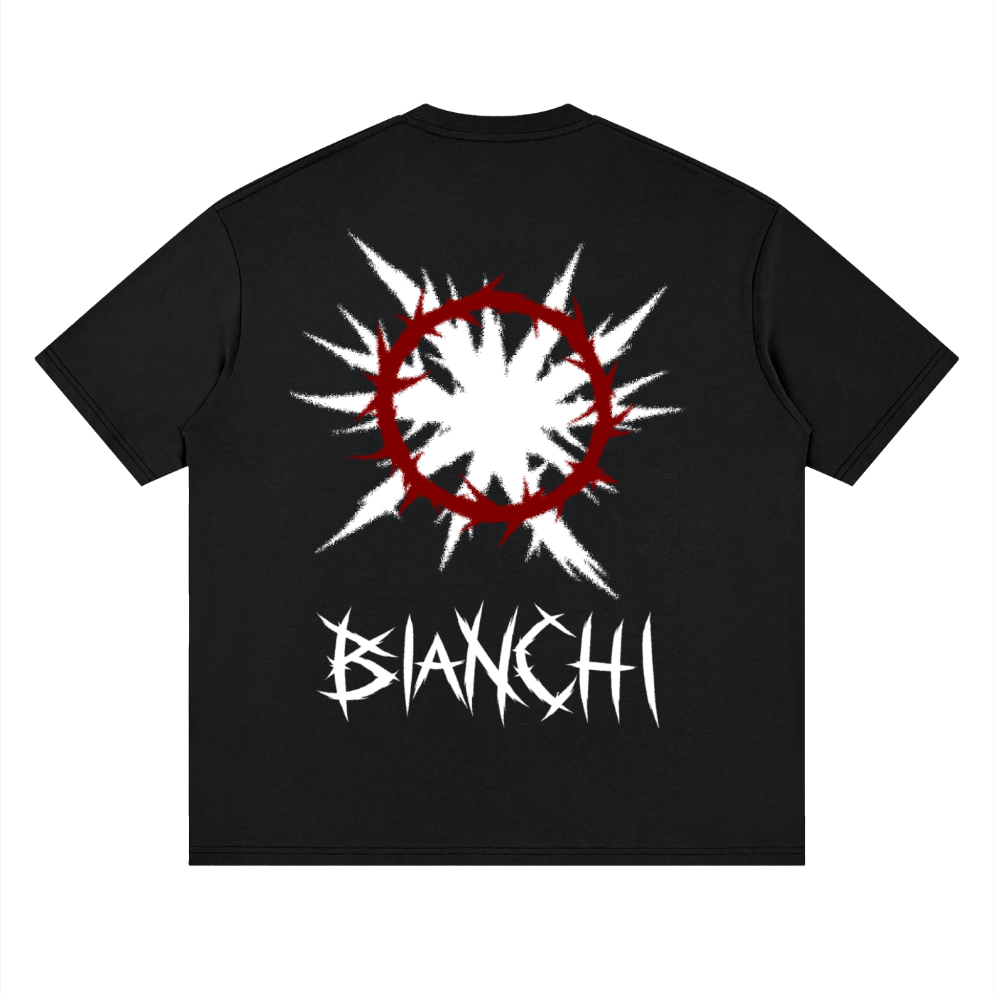 Black Shadow Thorn Tee, crewneck, back red-and-white spiked graphic print