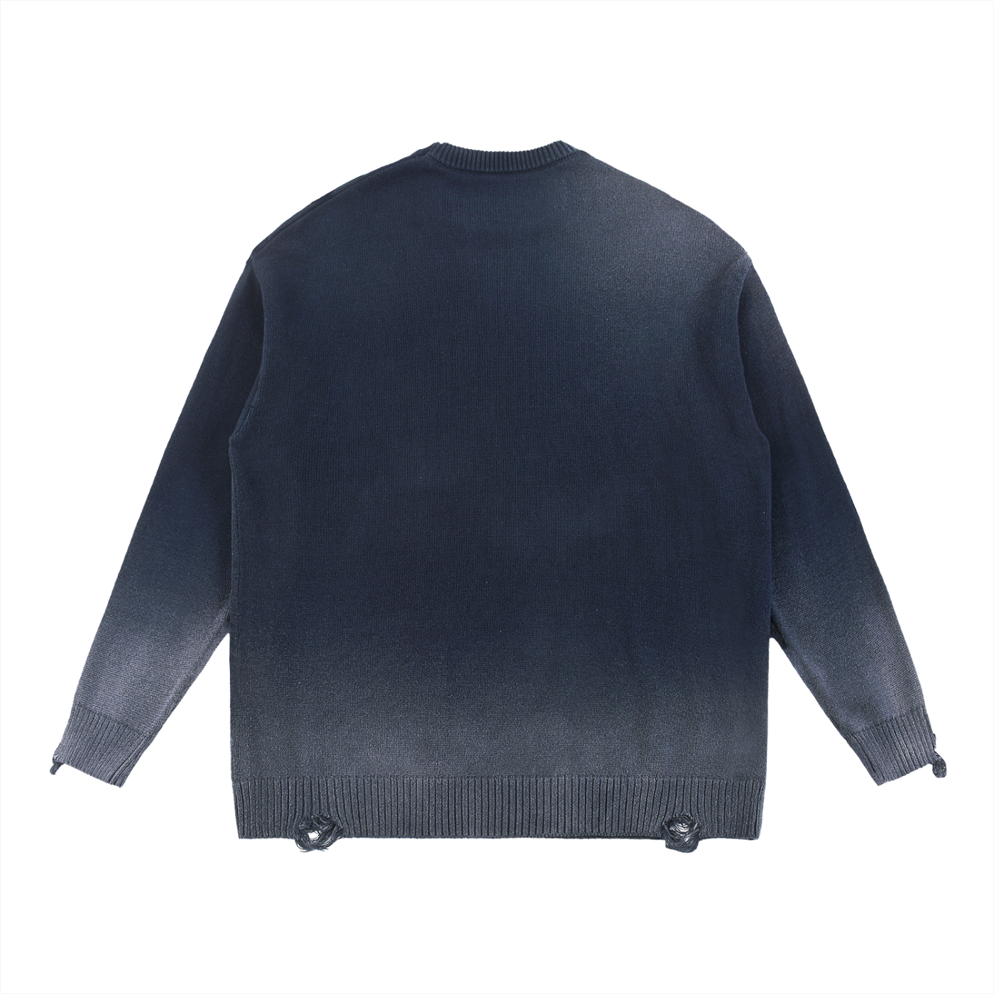 Back of ripped knit sweater in navy blue, ribbed cuffs and distressed hem ties