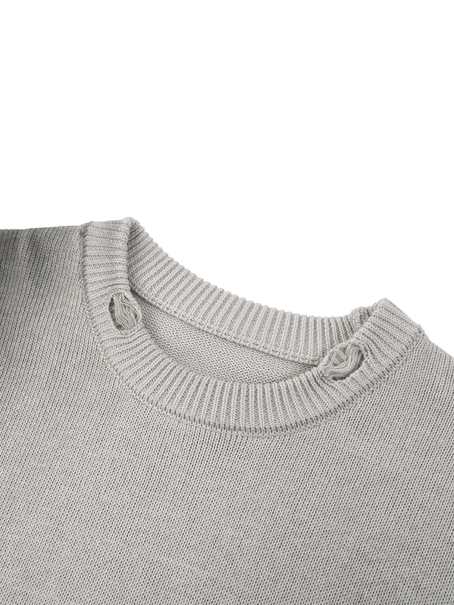 Ribbed knit crew neckline on light gray sweater with small distressed tie detail